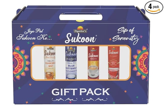 Sukoon Relaxing Herbal Tea Gift Pack | Premium Dried Flowers & Teas | Chamomile 40g, Hibiscus Green Tea 75g, CTC Leaf Tea 125g, Butterfly Pea Flower 25g | Wellness Gift Set (Pack of 4)