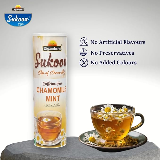 Sukoon Chamomile Mint Herbal Tea | Caffeine-Free, Soothing & Refreshing Blend | Promotes Relaxation, Aids Digestion & Sleep | Enjoy a Natural Herbal Infusion for a Calming Experience Anytime!